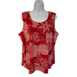 Susan Graver Womens Floral Tank Top XL Red White Sleeveless Liquid Knit Travel